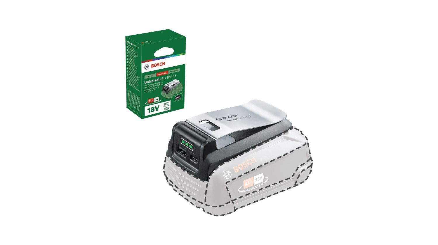 Akkuadapteri Bosch UniversalUSB 18V-45 -> USB (x2) Puhelinten akkujen lataamiseen