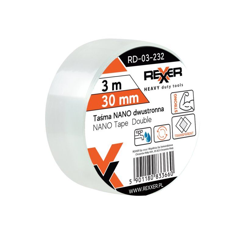 Kaksipuolinen tarttuva teippi Rexxer RD-03-232; 30 mm; 3 m; läpinäkyvä