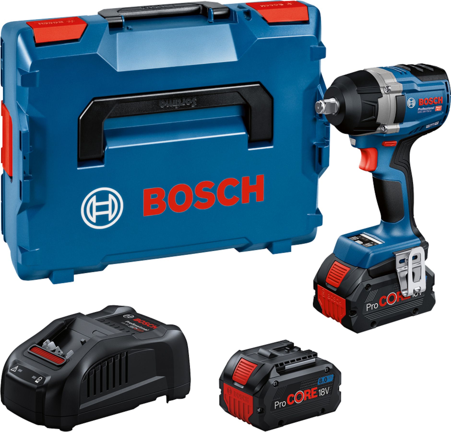 Akkukäyttöinen iskuruuvinväännin Bosch GDS 18V-750 C Professional; 18 V; 2x8,0 Ah akku + L-Boxx 136