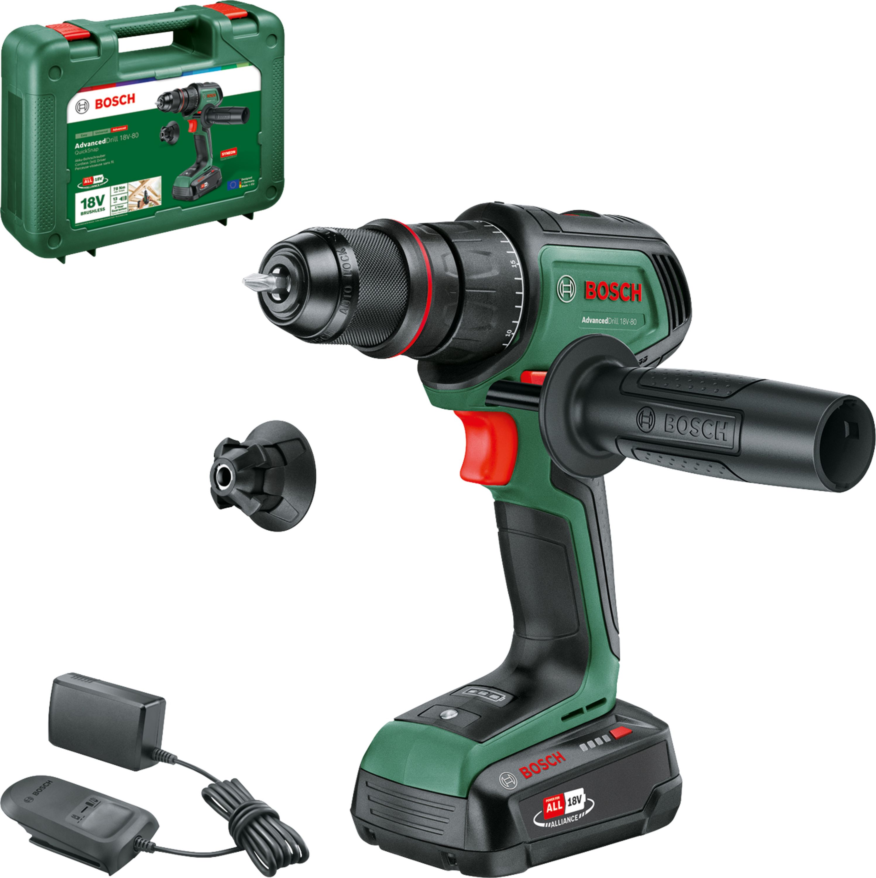 Pora/ruuvinväännin Bosch AdvancedDrill 18V-80 QuickSnap; 18 V; 1x2,5 Ah akku.; kuljetuslaatikolla