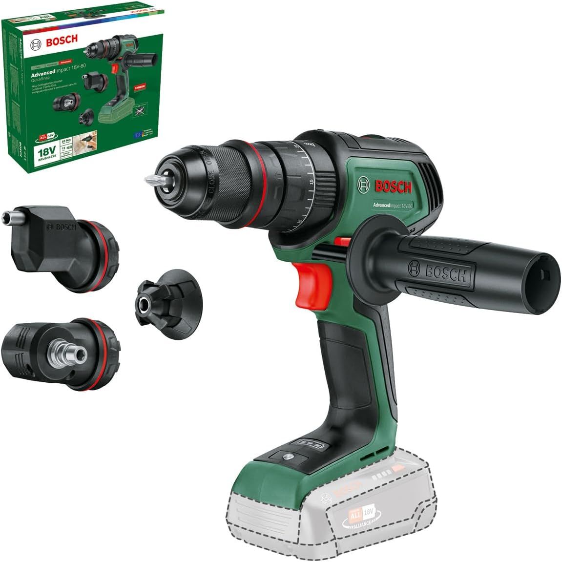 Pora/ruuvinväännin Bosch AdvancedDrill 18V-80 QuickSnap (ilman akkua ja laturia); tarvikkeiden kanssa