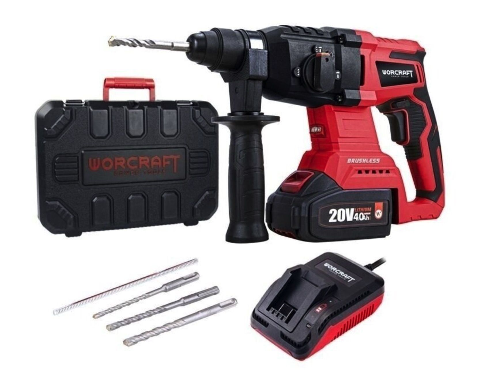 Akkukäyttöinen poravasara Worcraft CRH-S20LiBAM; 20 V; 3,0 J; 1x4,0 Ah akku + tarviketta