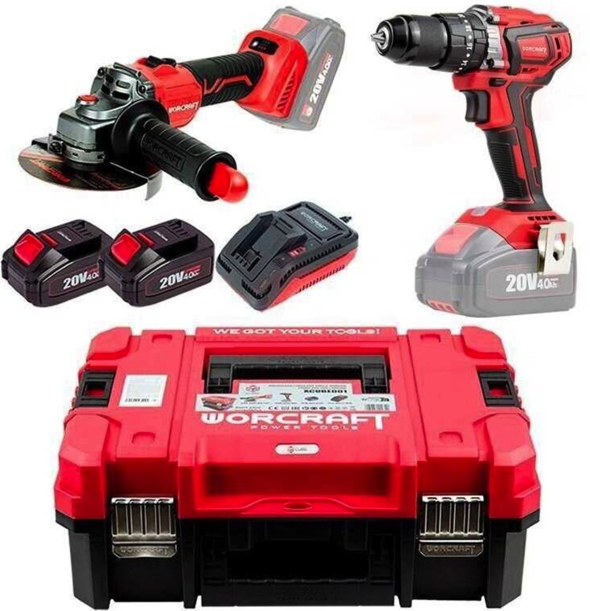 Työkalusarja Worcraft XCUBE001 (CHD-S20LiBA + CAG-S20LiBS-125); 20 V; 2x4,0 Ah akku