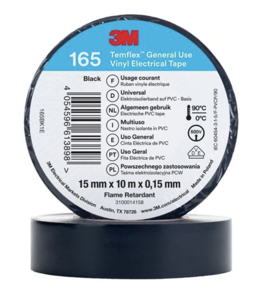 Eristysteippi 3M Temflex 165; 15 mm; 10 m; musta