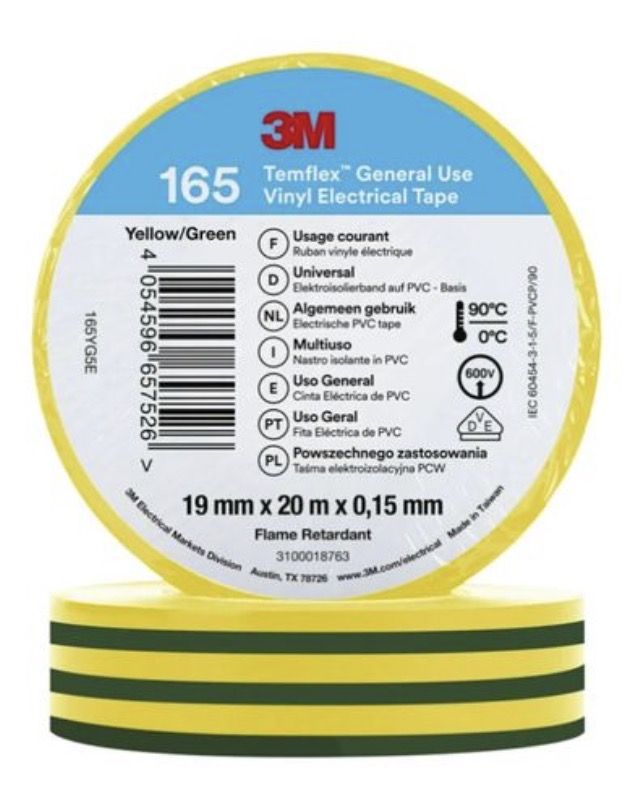 Eristysteippi 3M Temflex 165; 19 mm; 20 m; vihreä; keltainen