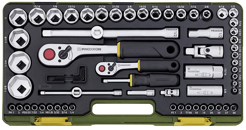 Tuumakokoinen hylsysarja Proxxon 65 kpl; 1/4''+1/2''